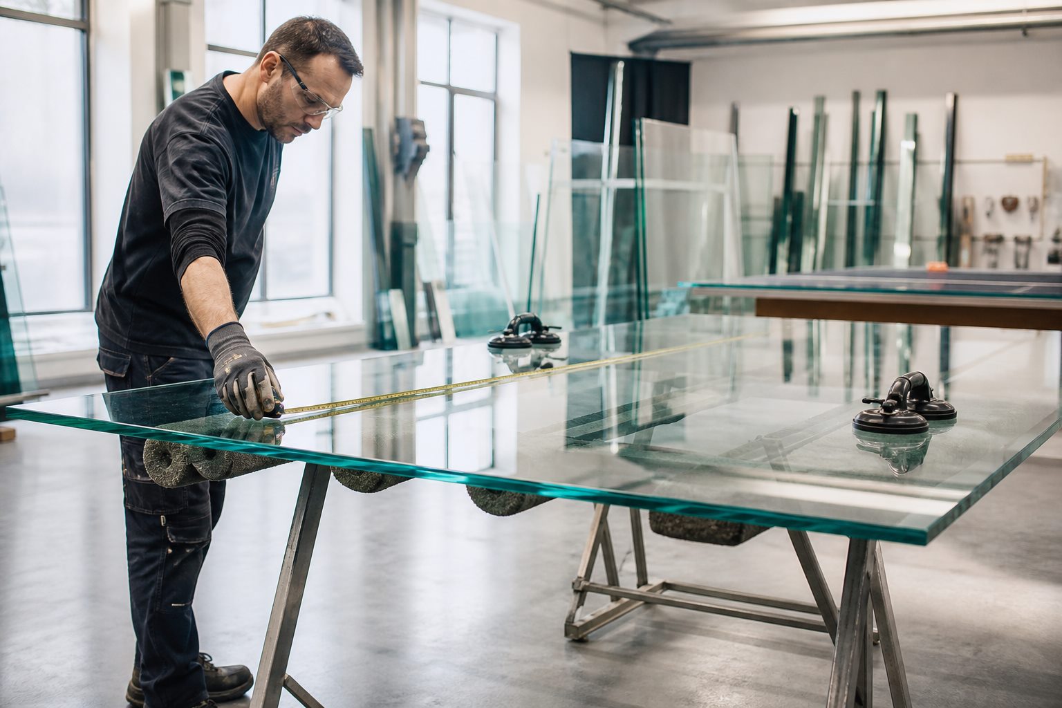 Glazier measuring a tempered glass panel on padded sawhorses in a workshop