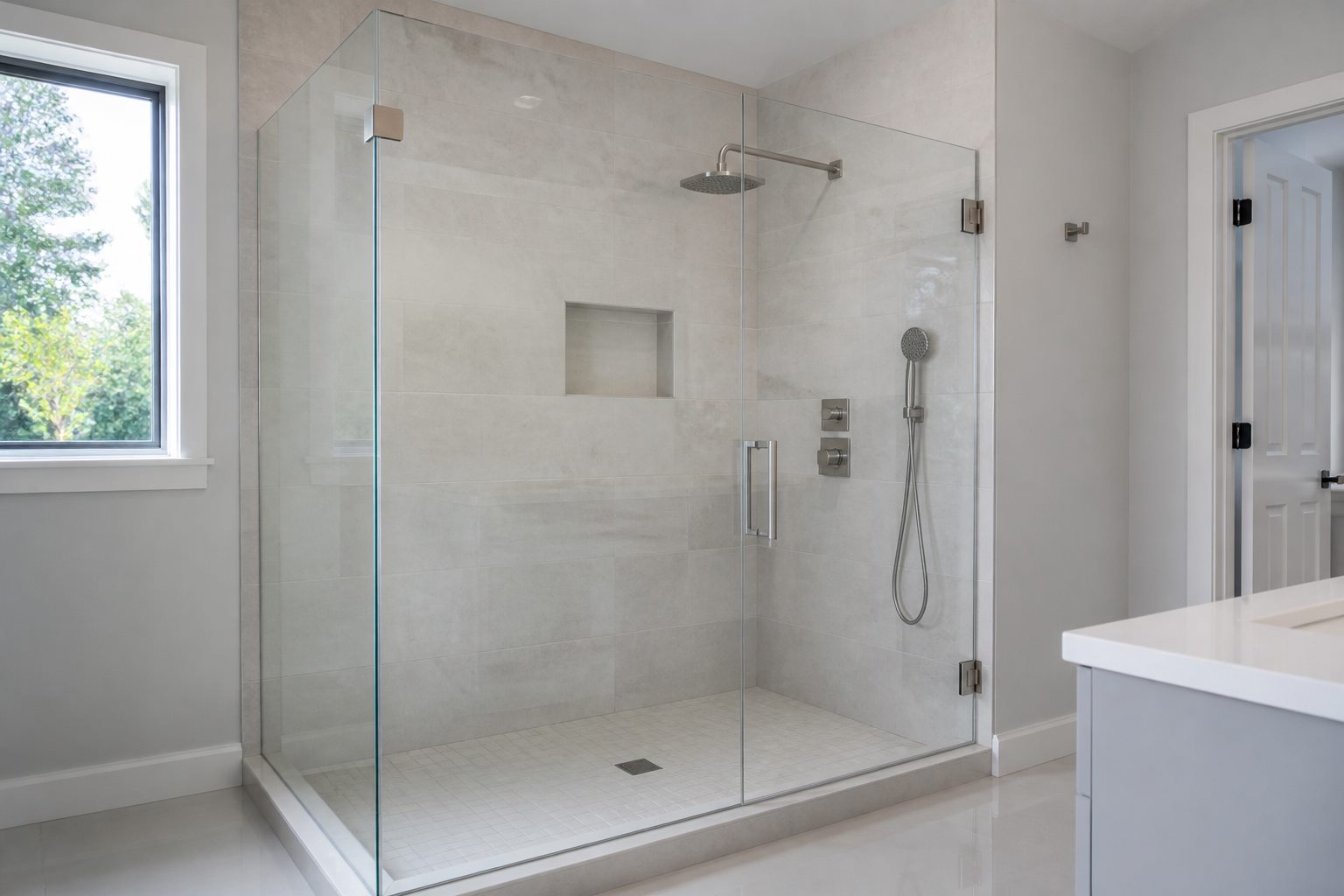 Frameless clear glass shower enclosure with chrome hardware in a bright bathroom