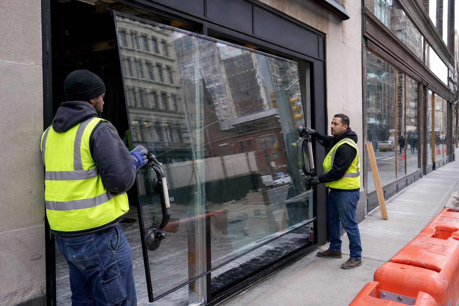 Two glaziers lifting a large storefront pane into an aluminum frame on a New York street